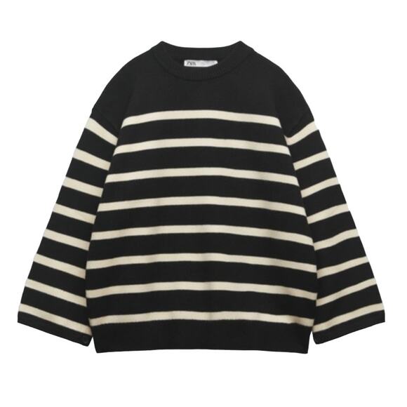 Zara Striped Button Sleeve Knit Sweater in Black Size Medium - Picture 1 of 7